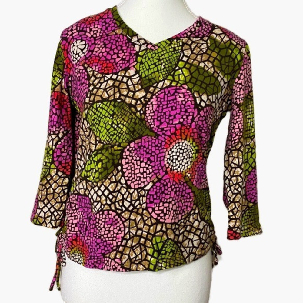 CARIBBEAN JOE‎ & CO Womens Cinched Slip-on Crop Top with Mosaic Floral Print